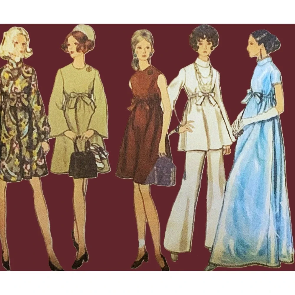 Vogue Pattern 60s Retro Empire Adj Dress Gown Wide Flared Pant EZ Maternity 34